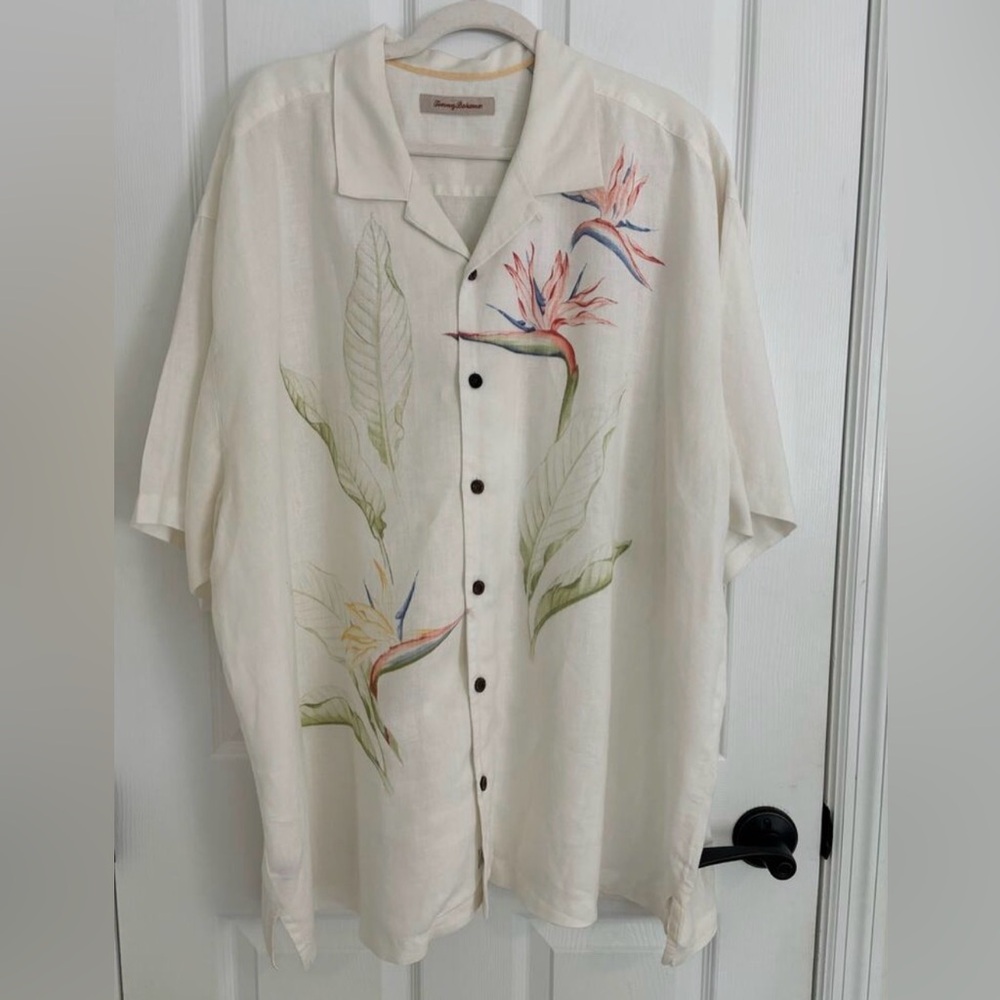 Tommy Bahama Mens Button Down Floral Shirt XXL 100% Silk Ivory